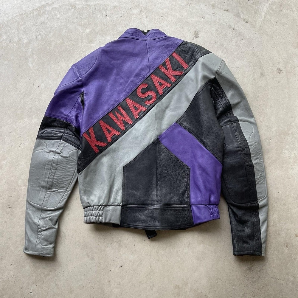 Kawasaki Motorcycle Leather Jacket 80s Spell Out limited Rare Vintage Size 42/L‎